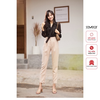 Áo sơ mi dài tay cổ thắt nơ phối voan 92WEAR phong cách basic công sở ASA1903