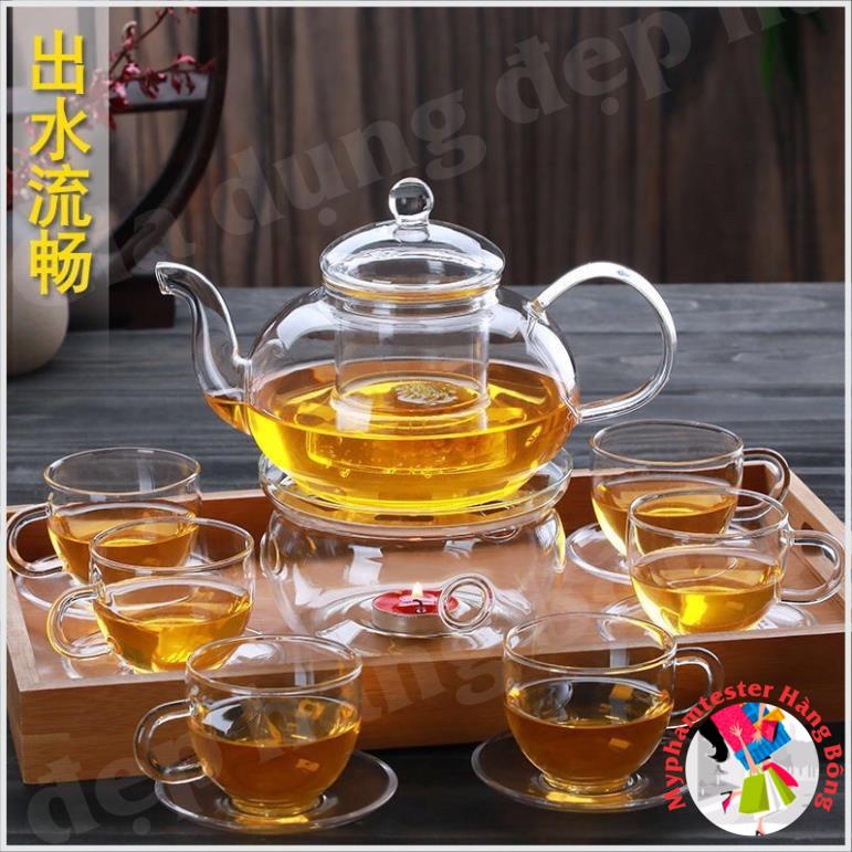 Bộ ấm chén thuỷ tinh bao gồm 6 chén đĩa,1ấm,1 khay trà gỗ