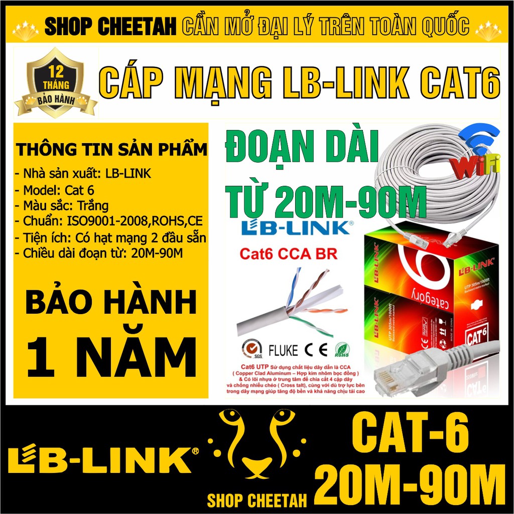 Đoạn dài từ 20m-90m - Dây cáp mạng Lb-Link Cat6 – Bấm sẵn 2 đầu – Cắt từ cuộn tiêu chuẩn – Chính hãng LB-LINK