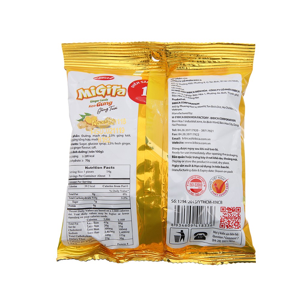 Kẹo gừng ngậm Migita Ginger Candy hãng Bibica gói 70g