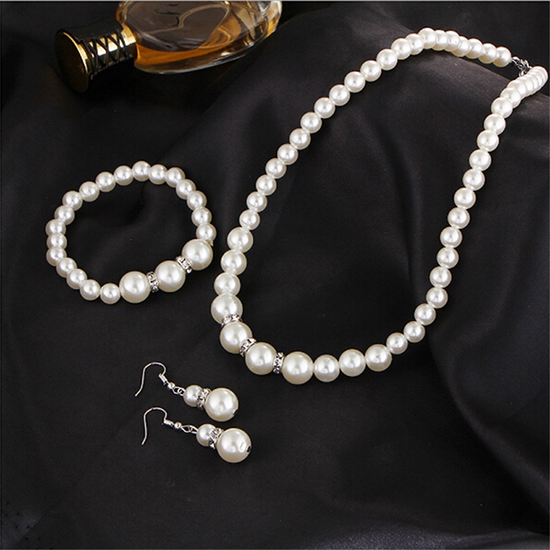 Bộ bông tai/ vòng cổ/ vòng tay pha lê đính kim cương ngọc trai cho cô dâu