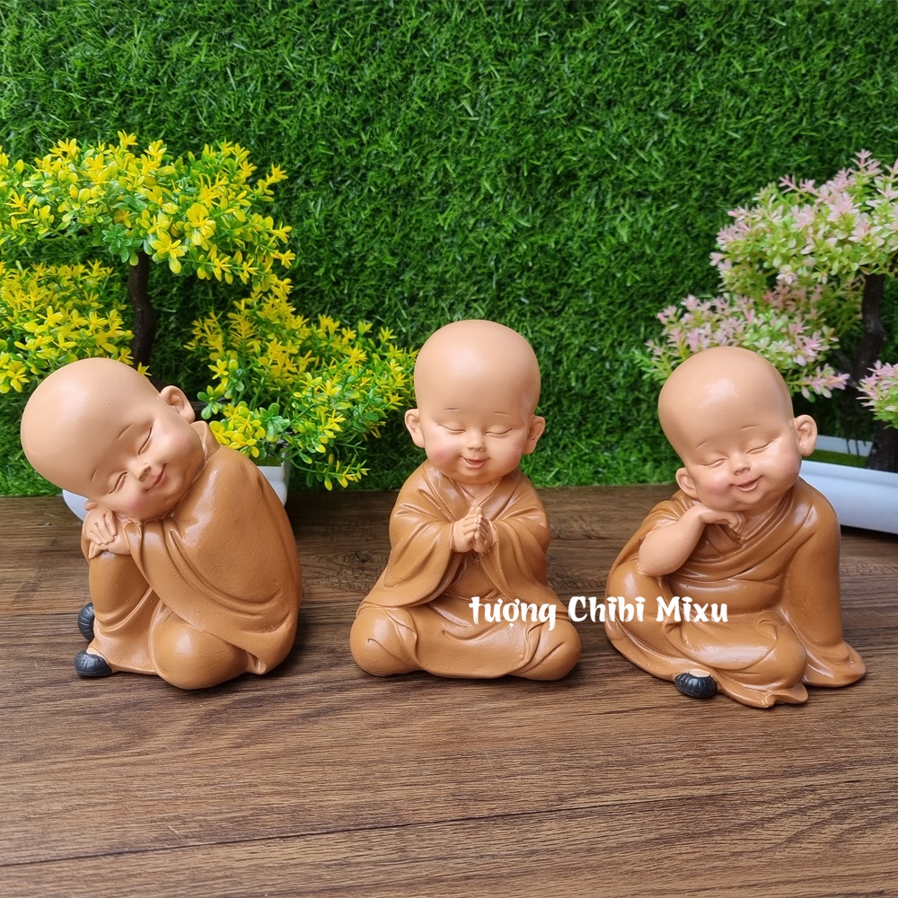 Bộ 03 tượng chú tiểu áo nâu - mẫu chú tiểu ngồi an nhiên 13.5cm