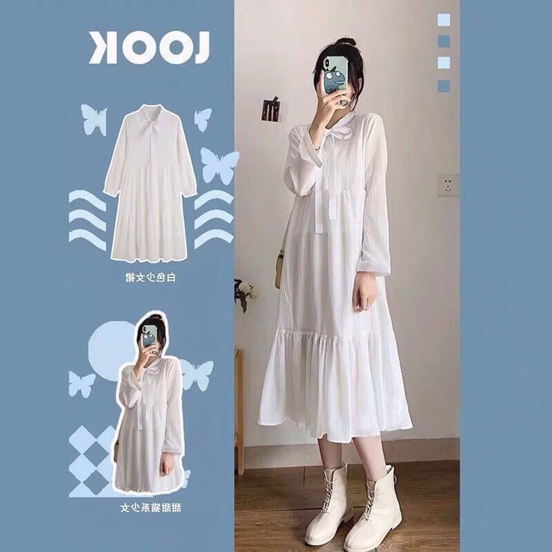 Đầm Babydoll Nơ Ngực 🦋FREESHIP🦋 Váy Nữ Tay Bồng Dáng Suông 2 Màu