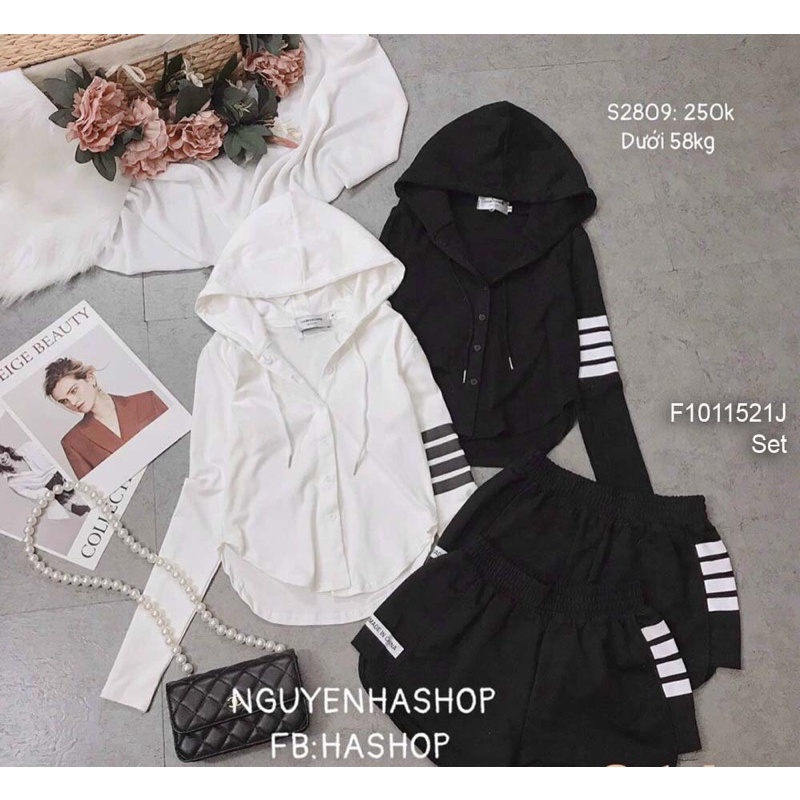 Set thun thể thao phối 3 sọc áo gài nút có nón taynn dài kèm quần short!