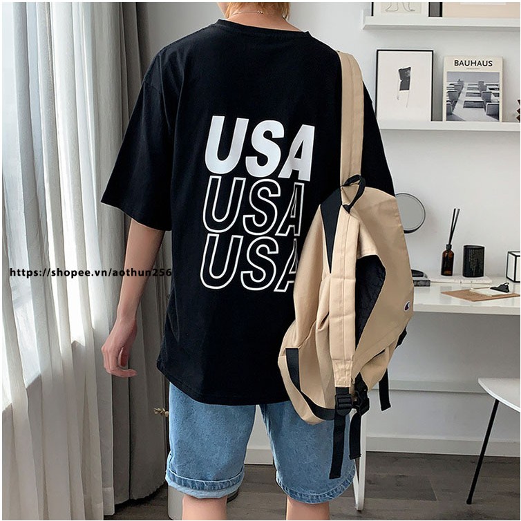 Áo thun nam nữ unisex BigSize Họa Tiết USA hai màu trắng đen basic áo thun tay lỡ form rộng