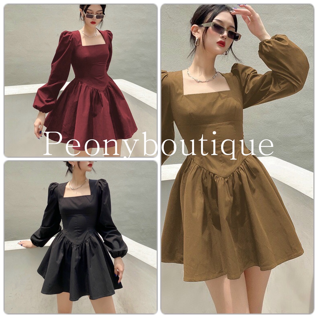 Váy Xòe Cổ Vuông Vân Gỗ PEONYB Nữ [FREESHIP]  Đầm mini bánh bèo tay bồng, kiểu dáng tiểu thư triết eo cá tính Ulzzang