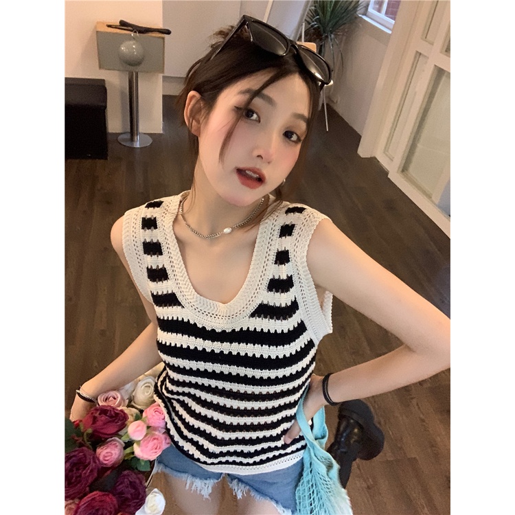 Áo Dệt Kim Sát Nách Cổ Chữ U Dáng Ôm Thời Trang Phong Cách Hàn Quốc Cho Nữ