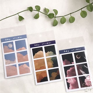 Set 5 sticker phong cảnh mây trên nền trời sáng, tối trang trí bullet journal, DIY
