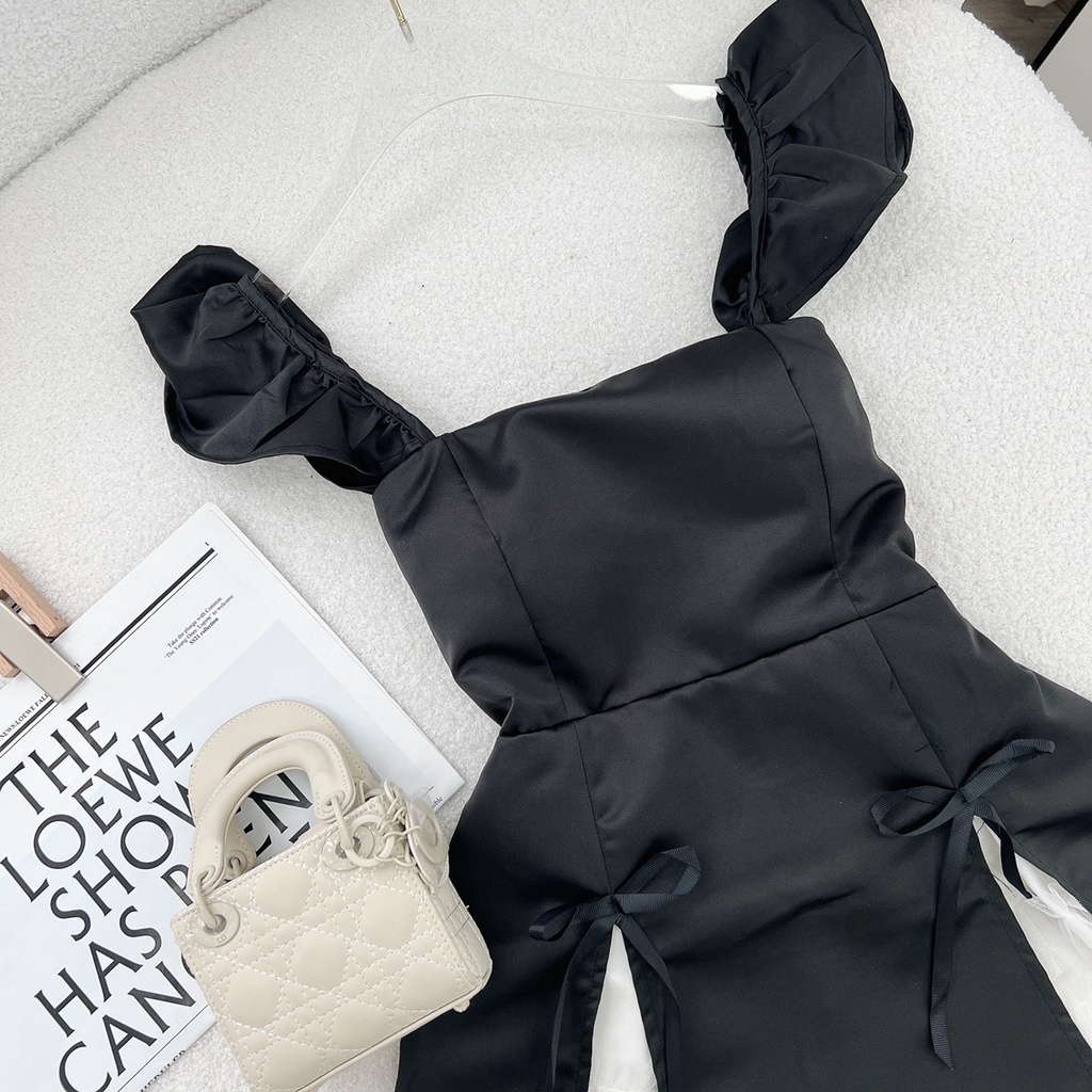 JUMPSUIT TAY TIÊN PHỐI LƯỚI XOÈ TRẮNG đen ĐÍNH NƠ hai bên
