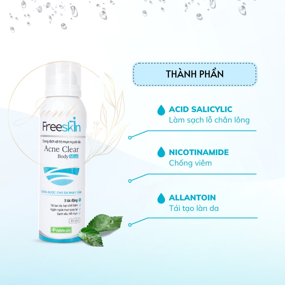 Xịt mụn lưng mờ thâm mụn freeskin 80ml chai xịt giảm mụn lưng body ngực mông chân cánh tay - junlee làm đẹp chính hãng