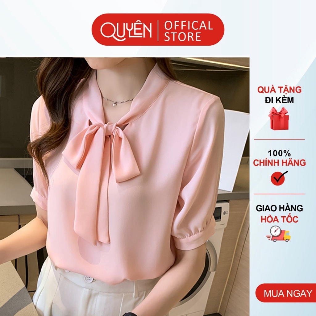 Áo sơ mi cổ thắt nơ màu trắng, hồng, tay phồng ngắn, thời trang công sở nữ Quyên fashion AA580