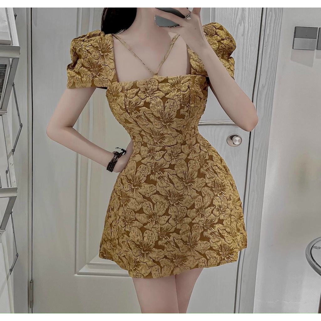 [8.8 Sales Freeship] Đầm tiểu thư, đầm gấm hoa cổ vuông tay phồng cột dây cổ, đầm gấm xốp nổi chữ A sang trọng
