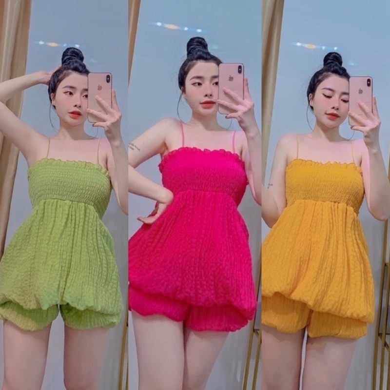 Set quần bí siêu hot kèm áo 2 dây xòe cực xinh, chất xốp nhăn hàng cao cấp