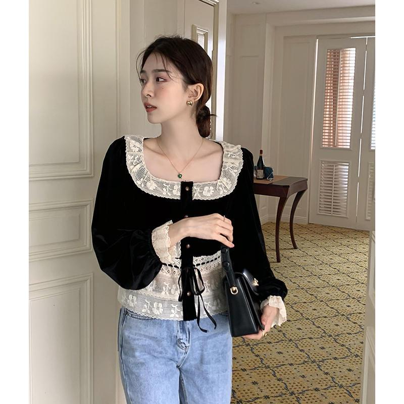 Áo Nhung Cổ Vuông Phối Ren Thiết Kế Thanh Lịch Cho Nữ  tao bao