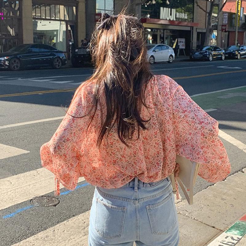 Áo sơ mi chiffon in họa tiết hoa phong cách Hàn Quốc thời trang cho nữ