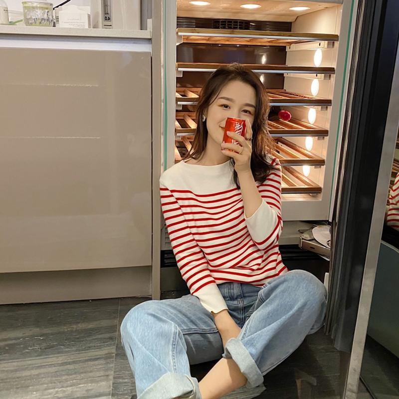 Áo Sweater Dệt Kim Kẻ Sọc Phong Cách Hepburn Pháp Cổ Điển Thời Trang Mùa Thu Mới Cho Nữ