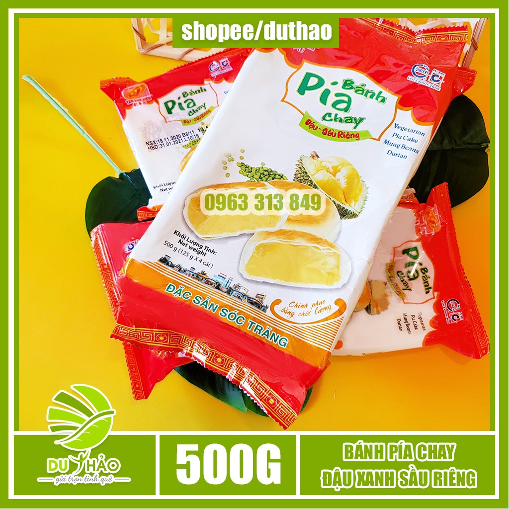 Bánh pía chay đậu xanh sầu riêng Tân Huê Viên 500g, bánh pía không trứng đặc sản Sóc Trăng