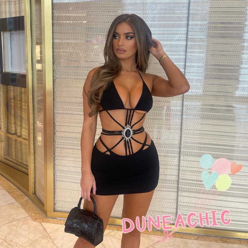 DUNEA Đầm cổ yếm buộc dây hở lưng thời trang quyến rũ dành cho nữ