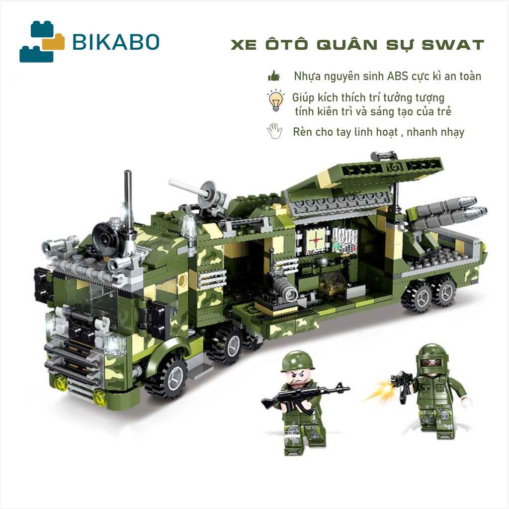 Đồ chơi lắp ráp xe quân đội, mô hình lắp ráp ô tô cảnh sát cho bé 702 chi tiết, BIKABO