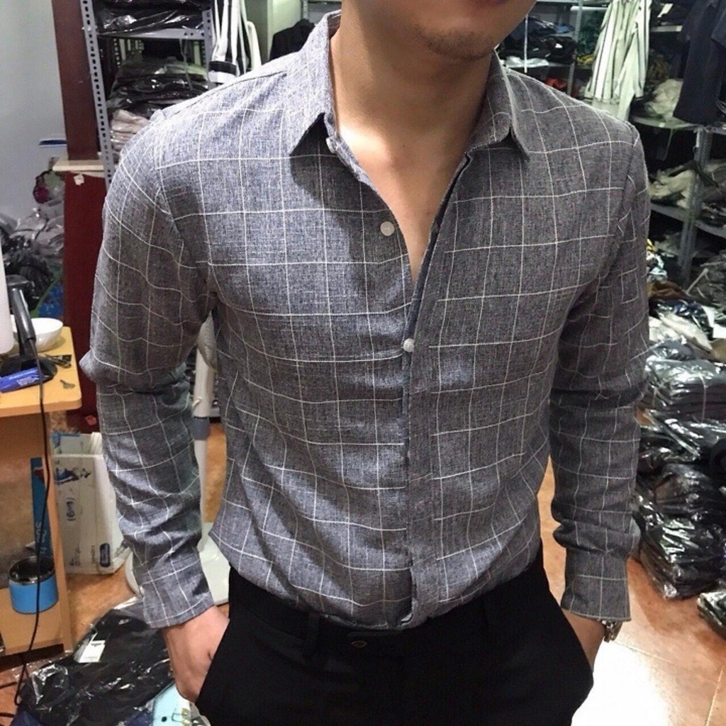 Áo sơ mi nam dài tay Ikemen Ghi Xám Kẻ Ca Rô chuẩn thiết kế Hàn Quốc(SMLD)