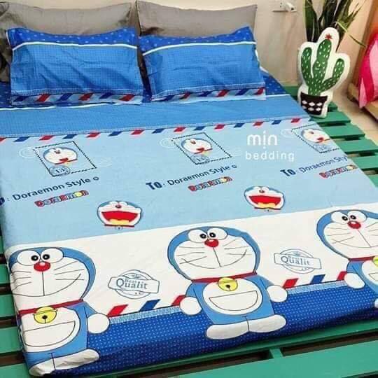 Sỉ Bộ Chăn Hè Ga Gối Kèm Vỏ Gối Ôm set 5 món Sally Mẫu DORAEMON TEM THƯ