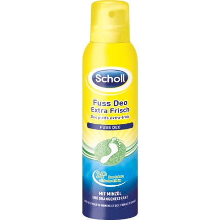 Xịt khử mùi hôi chân Scholl Fuss Deo Extra Frisch với tinh dầu bạc hà & chiết xuất cam, 150ml