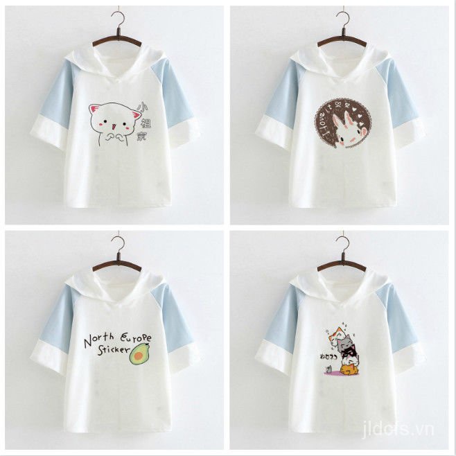 Áo Hoodie Tay Ngắn Chất Liệu Cotton Mềm Mại In Họa Tiết Hoạt Hình Nhật Bản Thời Trang Mùa Hè Cho Nữ