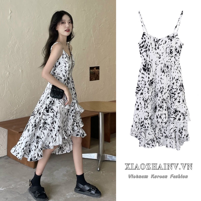 Xiaozhainv Đầm Ulzzang In Hoa Hai Dây Phong Cách Hàn Quốc Xinh Xắn Cho Nữ