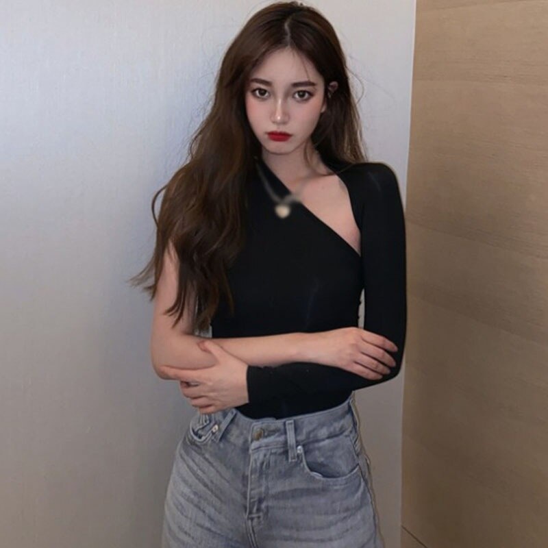 Áo Thun Tay Dài Dáng Ôm Hở Vai Màu Trơn Quyến Rũ Cho Nữ