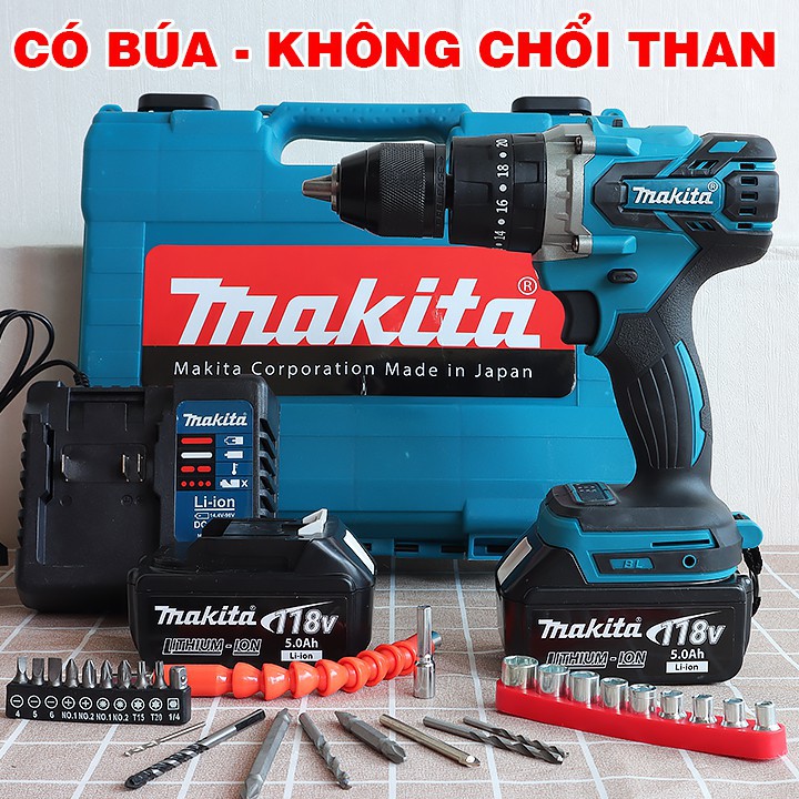 Máy Khoan Pin Makita 118V Không Than Có Búa, Pin 10 CELL AutoLock 13 Ly - Bắt Vít, Siết Bulong (bảo hành
