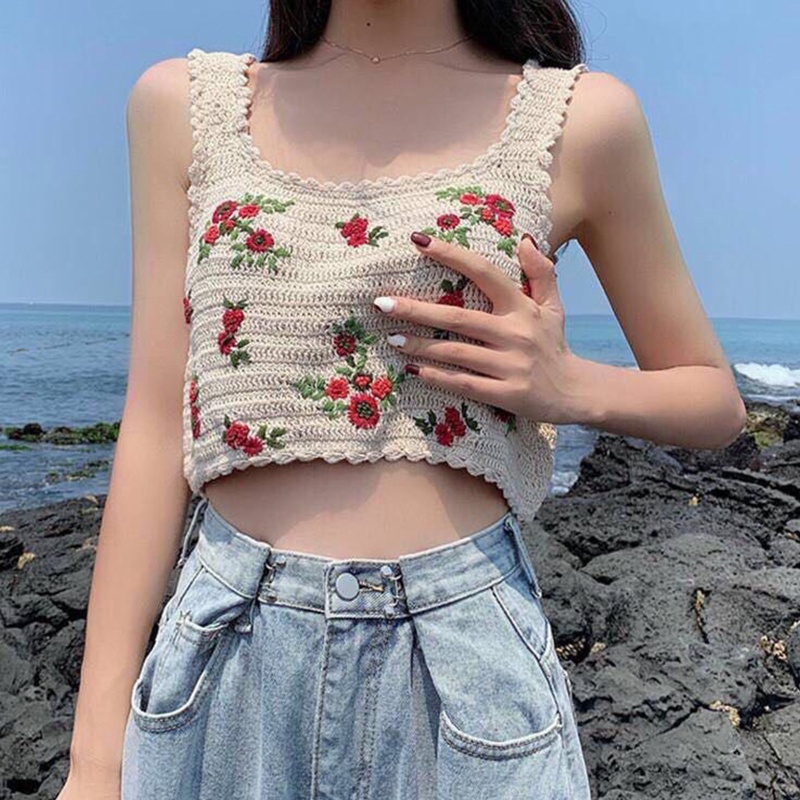 Brroa Áo Croptop Dệt Kim Không Tay Thêu Họa Tiết Hoa Lá Phong Cách Bohemian Thời Trang Mùa Hè Cho Nữ