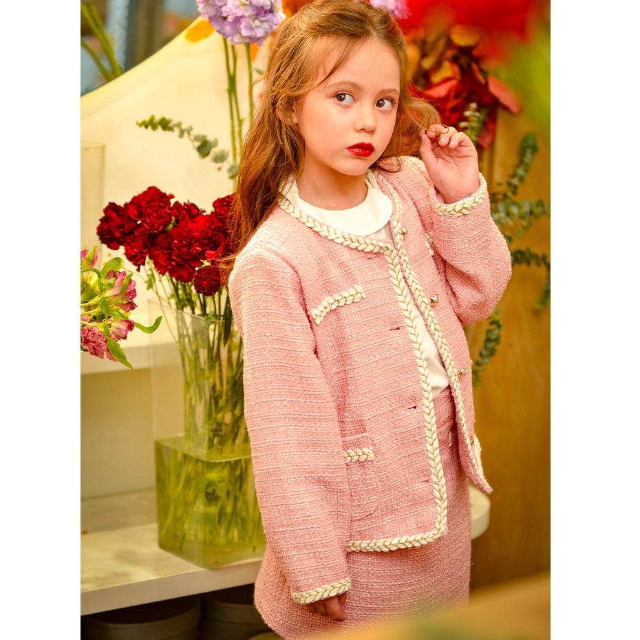 Set áo khoác và chân váy dạ tweed hồng bé gái Sweetie Pink 137KIDS thiết kế cao cấp