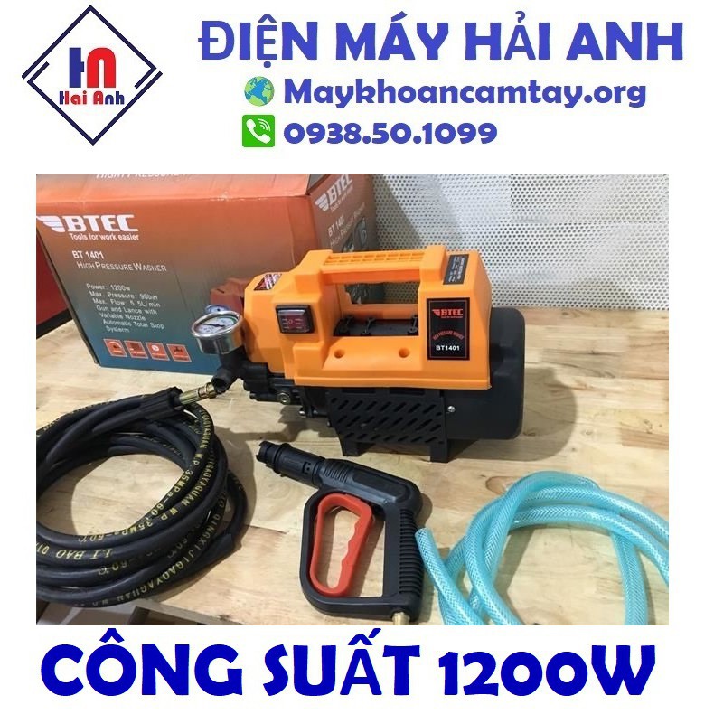 Máy rửa xe mini gia đình BTEC BT1401 chính hãng, mô tơ cảm ứng từ, áp lực mạnh, tự hút nước. Bảo hành 6 tháng