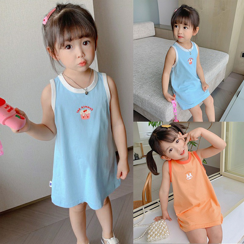 Đầm Sát Nách In Họa Tiết Hoạt Hình Phối Màu Kiểu Hàn Quốc Dễ Thương Cho Bé Gái
