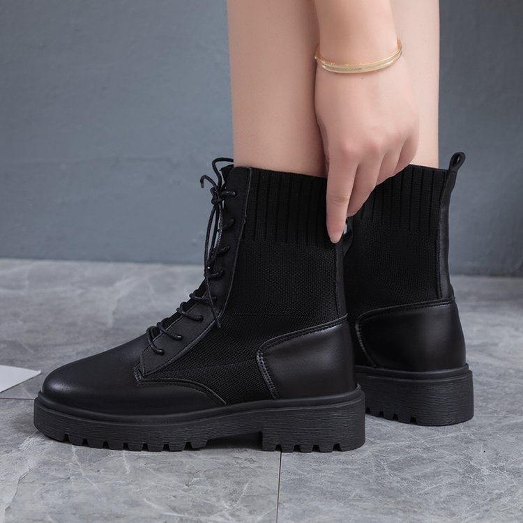 Giày boots cao cổ đế bằng chất da phối len cổ chun cực cá tính phong cách ulzzang giá rẻ cho nữ