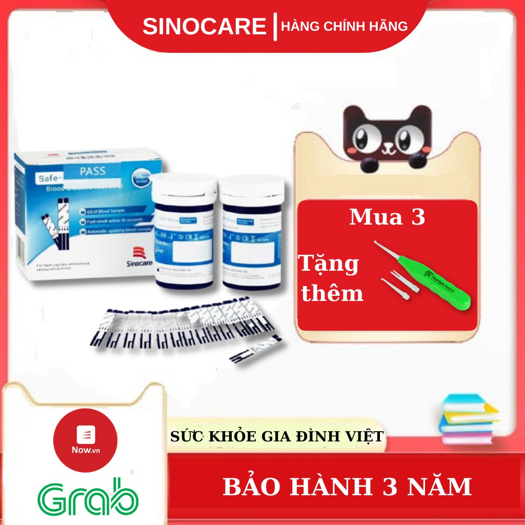 Hộp 50 que thử đường huyết Sinocare Safe-Accu + 50 Kim chích máu MUA 3 hộp tặng dụng cụ lấy ráy tai có đèn