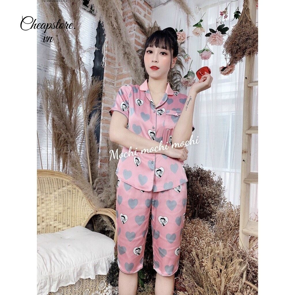 Bộ mặc nhà nữ tim hồng, bộ pijama lụa satin cao cấp, hàng thiết kế quần lửng, quần đùi có size nhiều màu A42