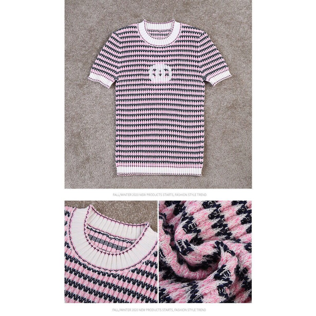 Freezia retro women knit stripe short sleeve T shirt wool clothing top