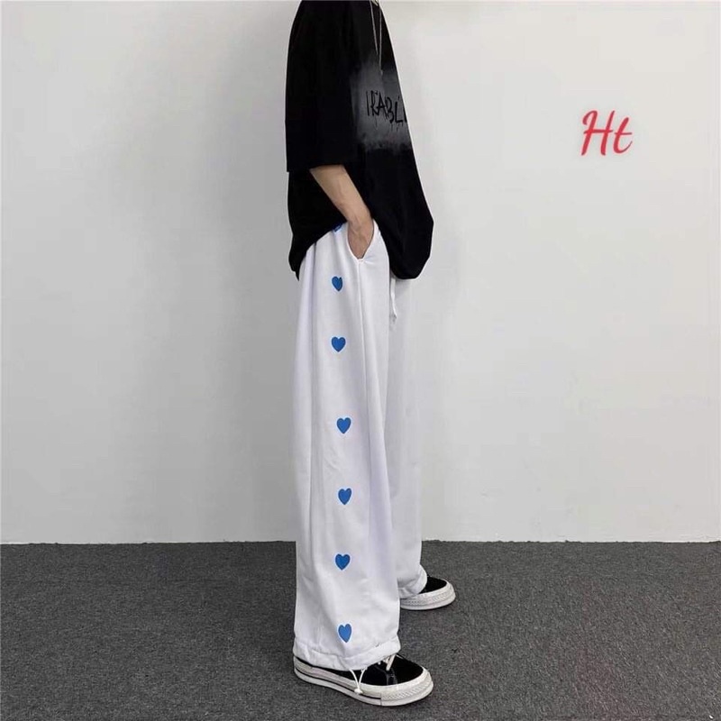 quần dài ống rộng có dây rút gấu in tim xanh Ht