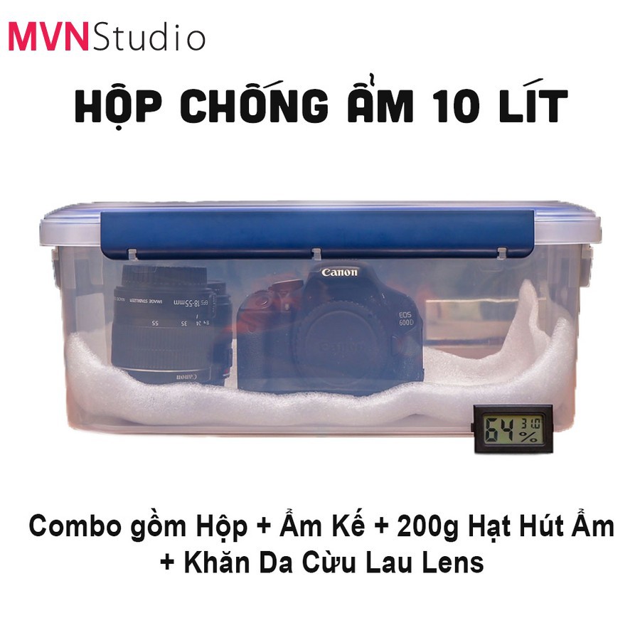 MVN Studio - Combo hộp chống ẩm 10 lít bảo quản máy ảnh tặng kèm khăn da cừu lau lens - Hộp Trắng