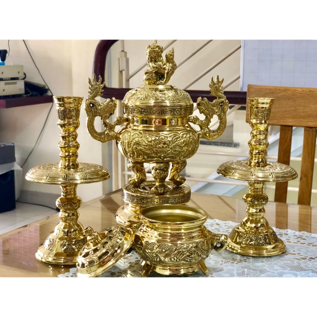 Bộ đỉnh lư và xông trầm đồng 25,5cm