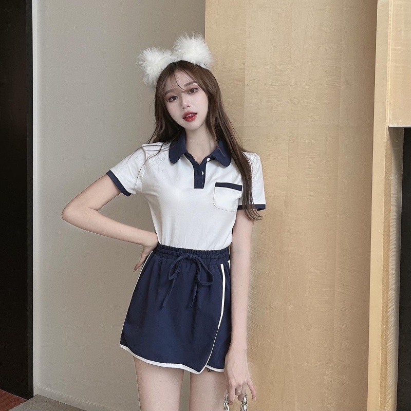 COZOK Set Áo Thun Ngắn Tay Màu Sắc Tương Phản + Quần short Lưng Cao Thời Trang Cho Nữ