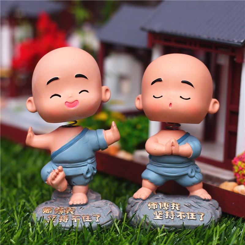 Mô hình tượng chú tiểu lắc đầu áo xanh tập võ biểu cảm dễ thương dùng để trang trí nhà cửa bàn làm việc quà tặng - Ráp