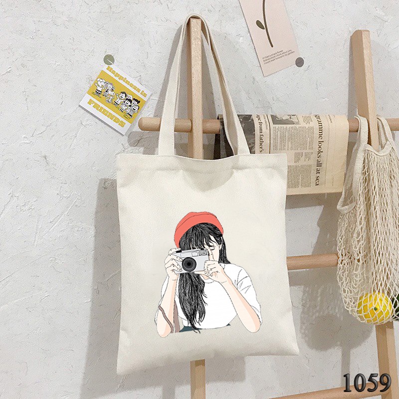 Túi Đeo Vai Túi Tote Vải Canvas Trắng In Hình Girl Photograp Dễ Thương 1059 Thời Trang Dạo Phố Hàn Quốc Cực Xinh