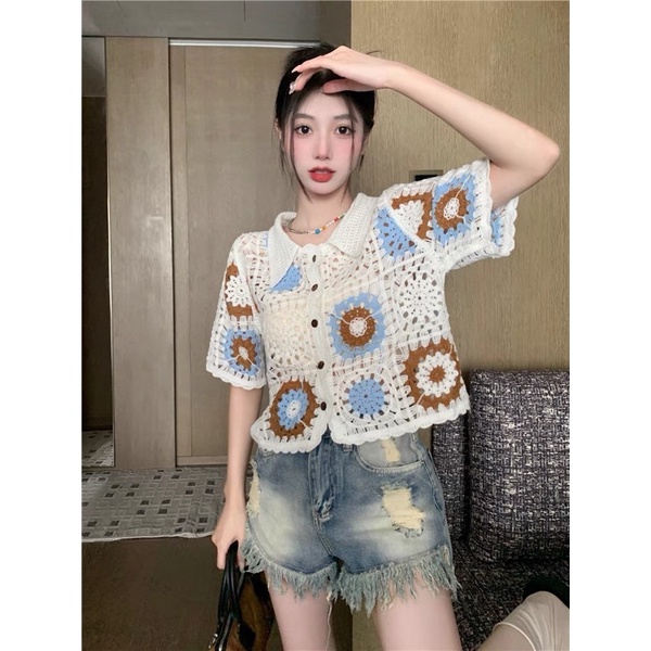 Áo Sơ MI Ren Len Đan Hoa Ngắn Tay Dễ Thương