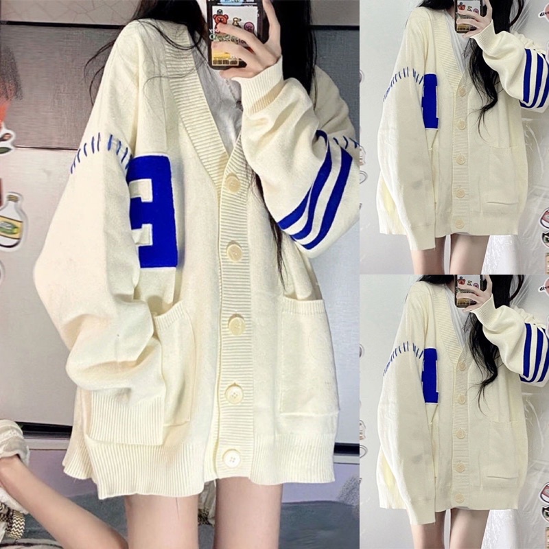 Áo cardigan khoác len chữ F xanh to viền sọc nổi bật cổ V màu trắng be oversize trùm mông phong cách học sinh sinh viên