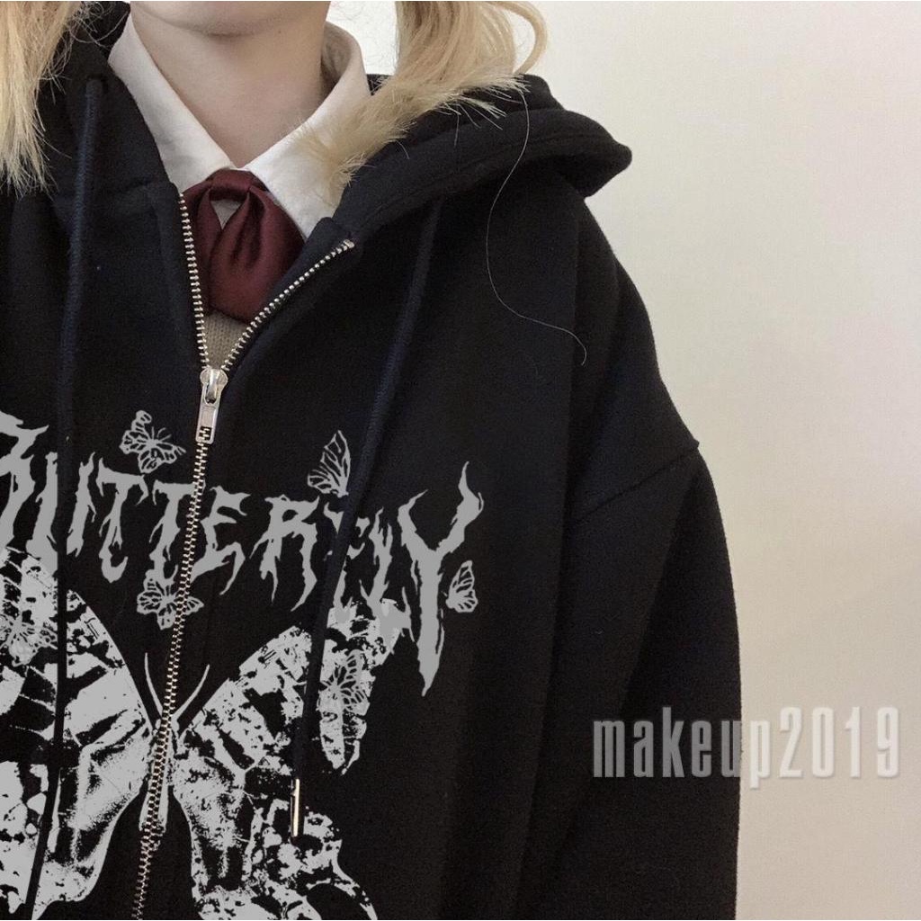 Mu-màu-k Áo Khoác Sweatshirt Chui Đầu Có Khóa Kéo In Họa Tiết Bướm Phong Cách Gothic Punk Harajuku Grunge Y2k Dành Cho Bạn Nữ