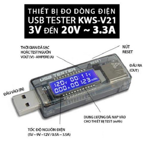 Thiết bị test pin sạc, củ sạc, đo dòng điện, check dung lượng pin KWS-V21 DL TECH