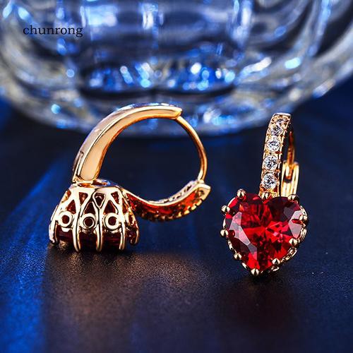 Bông Tai Mạ Vàng 18K Đính Đá Zircon Hình Trái Tim Đỏ Thời Trang Cho Nữ