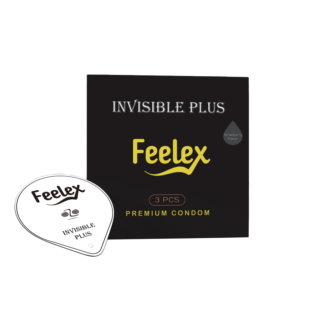 Bao cao su Feelex Invisible Plus, mỏng, nhiều gel bôi trơn, hương dâu, hộp 03 bcs